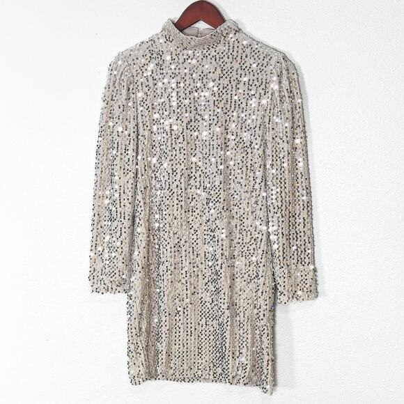 Sanctuary Women’s Dress Small Night Luxe Party Mini Sequin Long Sleeve Mock Neck - Picture 2 of 15